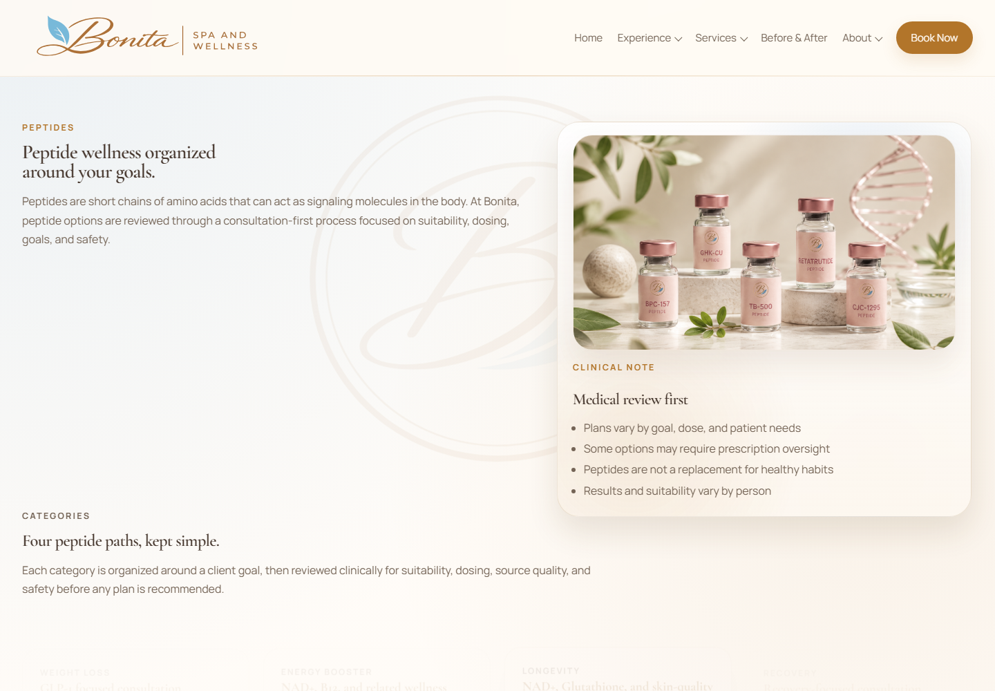 Bonita Spa and Wellness peptides page screenshot