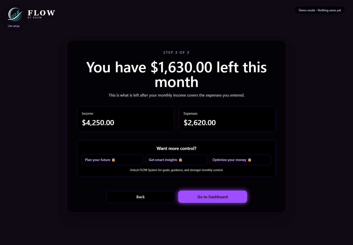 FLOW Lite result screen showing $1,630 left this month after recorded income and expenses